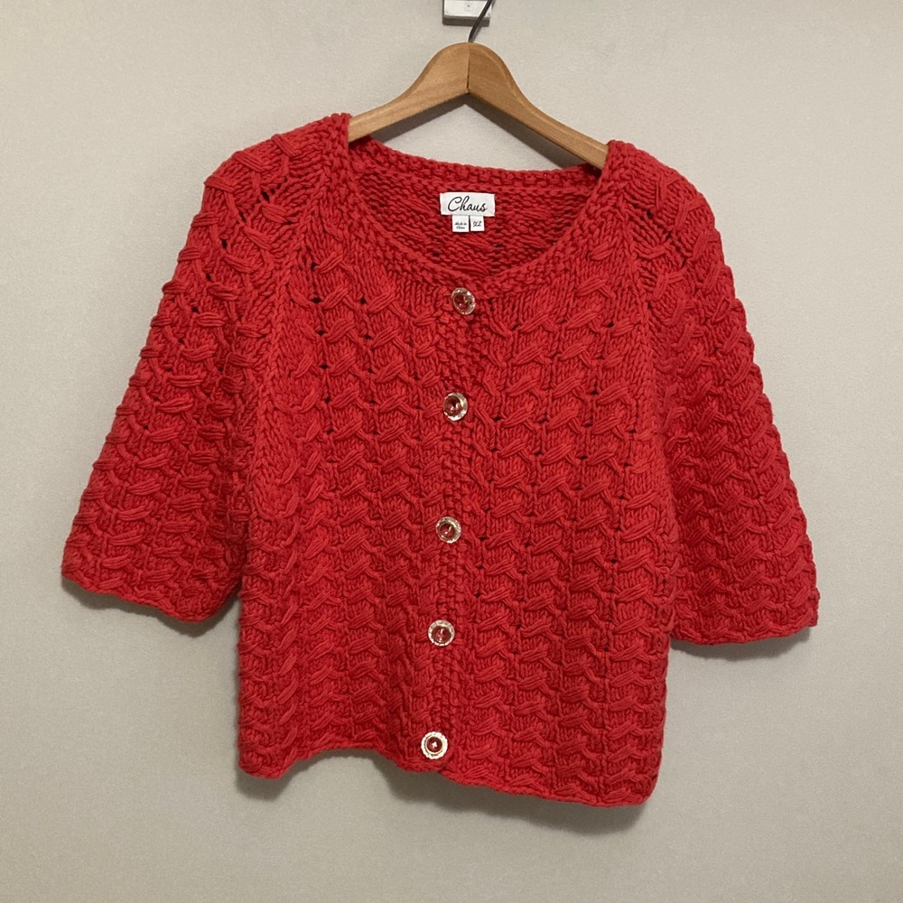 Chaus red chunky knit 3/4 sleeve cardigan sweater with crystal buttons size XL